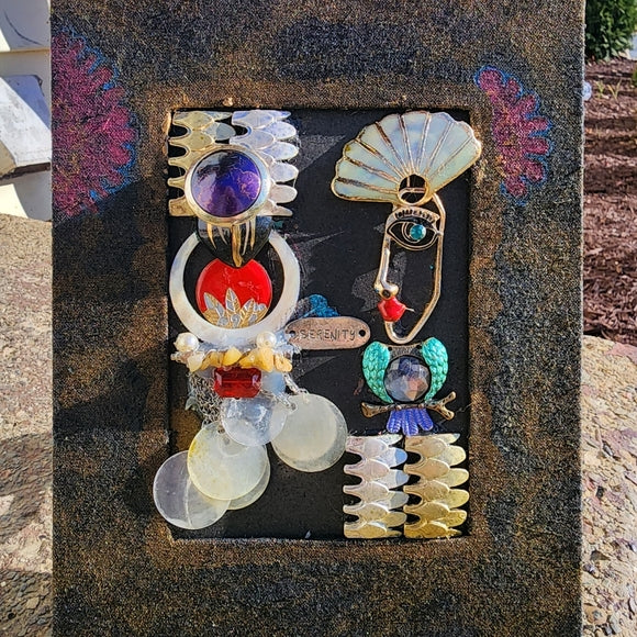 Mixed media framed vintage jewelry art collage OOAK Picasso face serenity