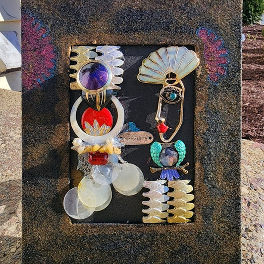 Mixed media framed vintage jewelry art collage OOAK Picasso face serenity