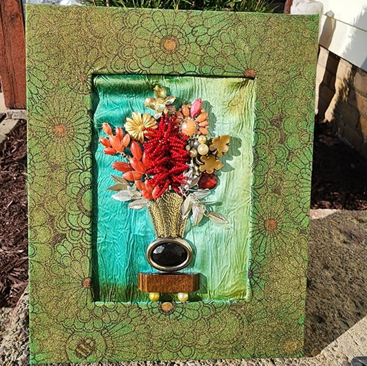 Mixed media framed jewelry art collage flowers OOAK handmade