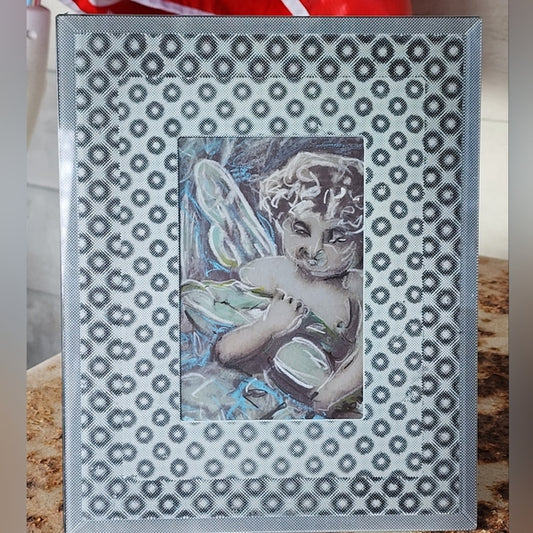OOAK mixed media handmade art cherub Angel holographic frame