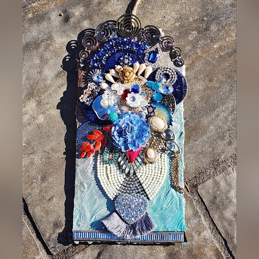 Handcrafted framed jewelry art floral flower handmade rhinestones mixed media