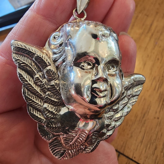 Puffy chunky 3D vintage Cupid Angel pendant sterling silver holloware