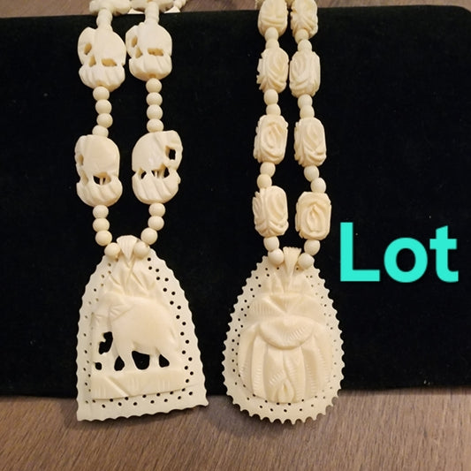 Organic costume jewelry lot 2 carved necklaces elephant and scarab bone ?