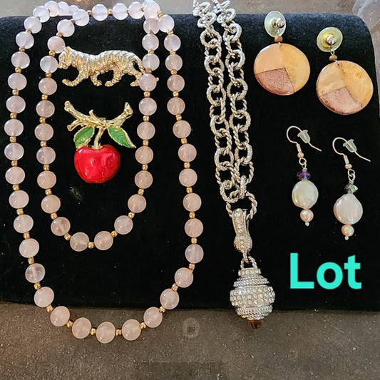 Lot of fashion costume jewelry necklaces brooches earrings tiger apple