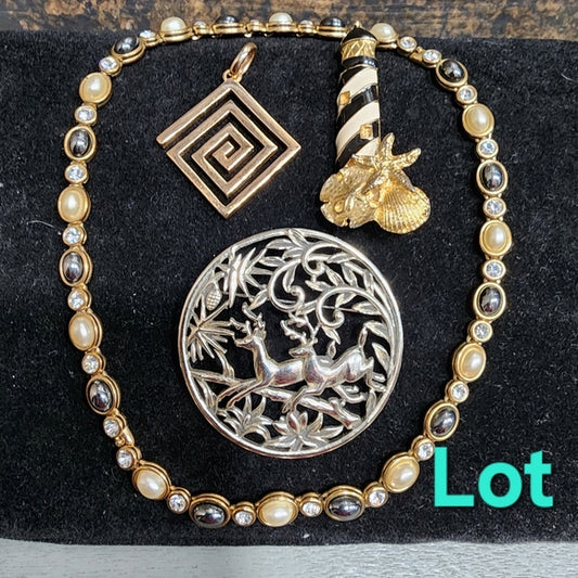Lot of fashion costume jewelry lighthouse deer brooch Greek key pendant necklace