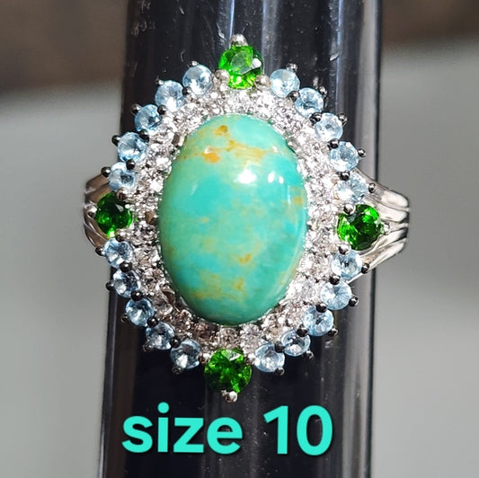 Sterling silver ring with turquoise diamonds blue & green stones size 10