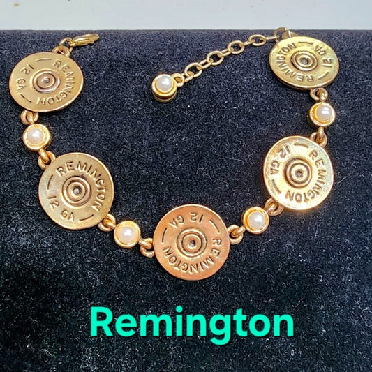 Remington 12 gauge shotgun shot gun shell bracelet faux pearls designer LJ gold