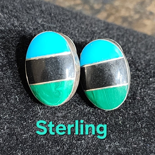 Vintage Mexican sterling silver inlay  Earrings  onyx turquoise malachite
