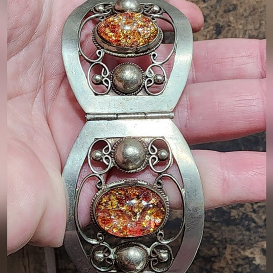 Vintage Mexico large link bracelet with fire opal type Stones nickle silver 800