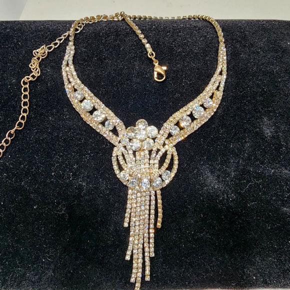 Floral rhinestone costume fashion jewelry necklace silver tone wedding party