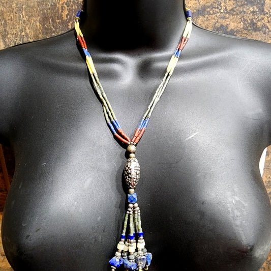 Lapis coral multi gemstone 3 strand southwestern dangle necklace