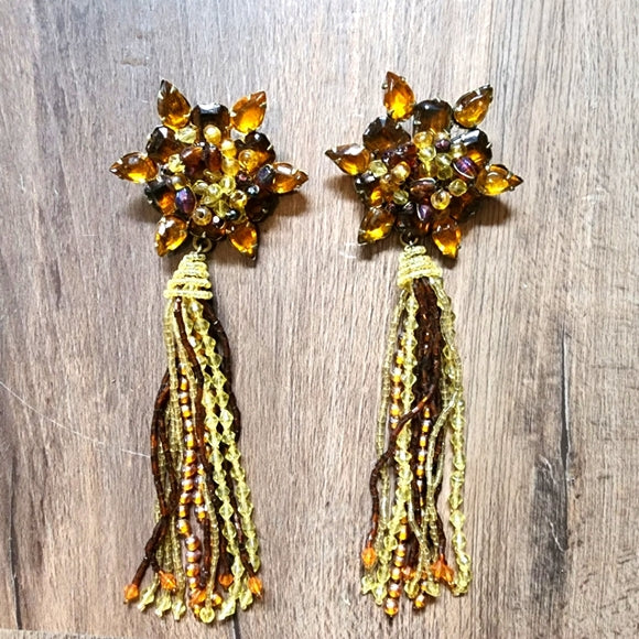 Bundle lot 2 vintage rhinestone tassel beaded brooch scarf pins topaz amber brow