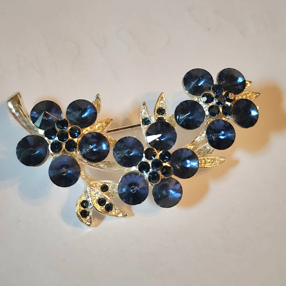 Blue Austrian crystal flower floral scarf pin brooch fashion costume jewelry