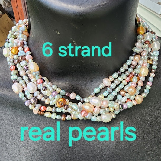 6 strand Real Pearls sterling silver clasp choker necklace fine jewelry