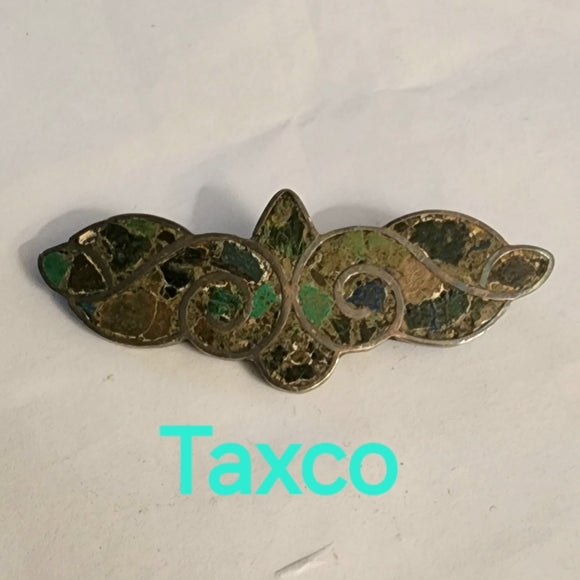 Vintage sterling silver Taxco crushed lapis turquoise brooch scarf pin jewelry
