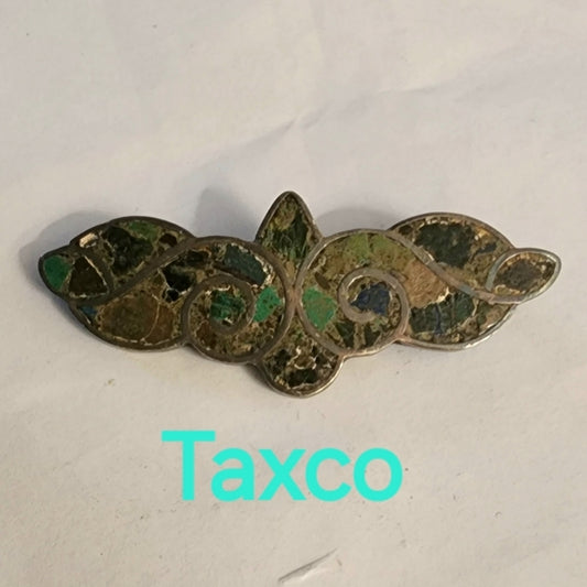 Vintage sterling silver Taxco crushed lapis turquoise brooch scarf pin jewelry