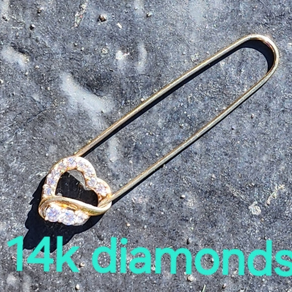 14k yellow gold & diamonds heart scarf pin pendant fine jewelry