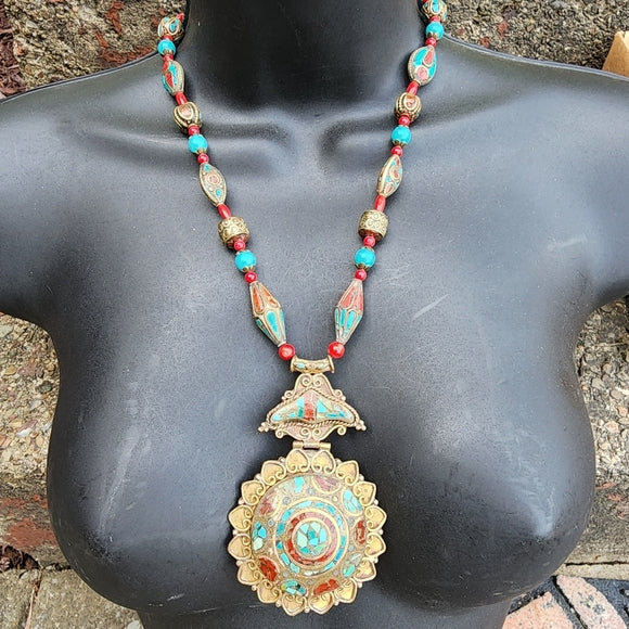 Tibetan crushed turquoise Coral Tibet statement necklace jewelry