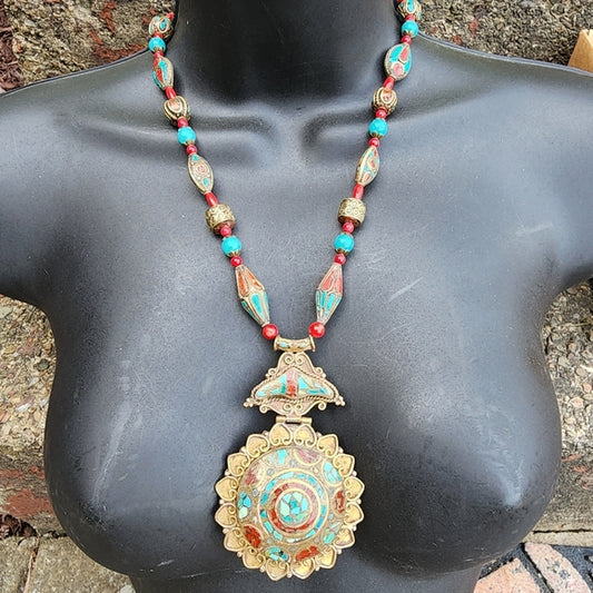 Tibetan crushed turquoise Coral Tibet statement necklace jewelry