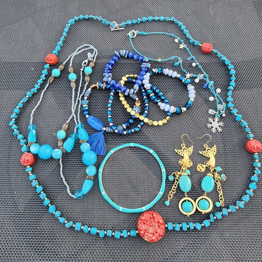 Bundle lot Turquoise Blue colors mixed media bracelets Necklaces Angel earrings