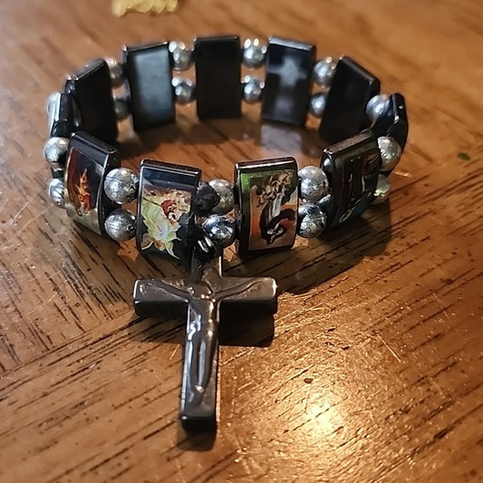 Religious picture hematite stretch bracelet mother Mary angle cross charm