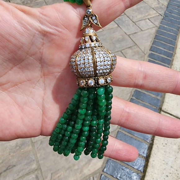 Emerald green rhinestone pendant tassel necklace jewelry