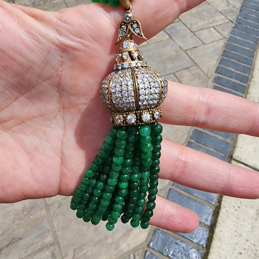 Emerald green rhinestone pendant tassel necklace jewelry