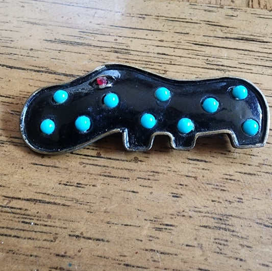 Turquoise color stones black enamel hippopotamus hippo brooch scarf pin jewelry