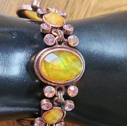 Pink copper Aurora borealis pink and yellow rhinestone link bracelet fashion