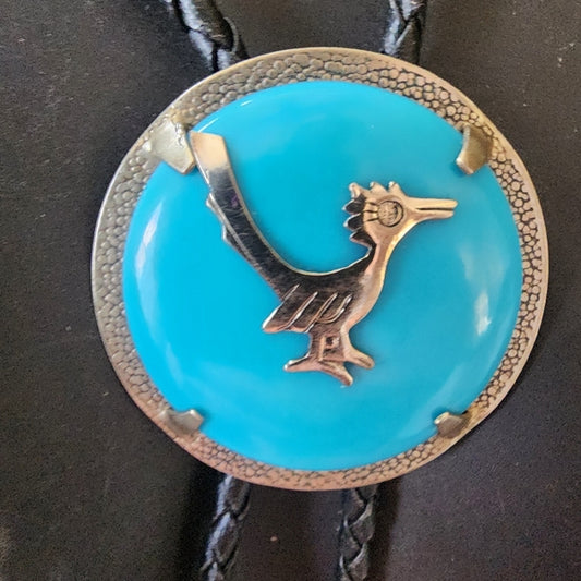 Southwestern taxco native American ? Bolo tie Signed nickel silver w hallmark