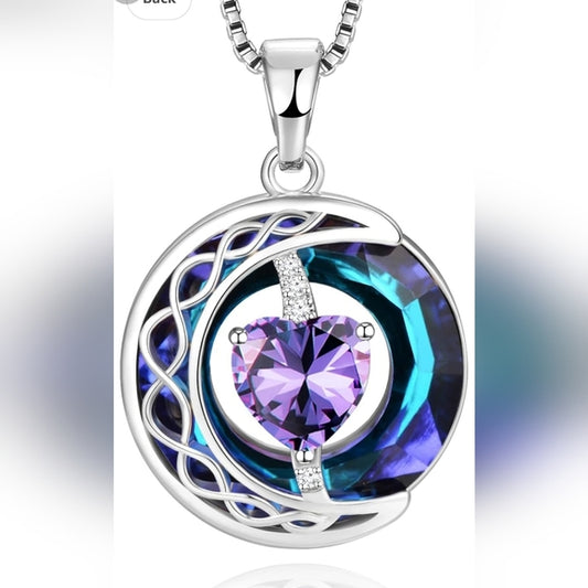 Sterling silver box chain necklace with amethyst heart and moon pendant jewelry