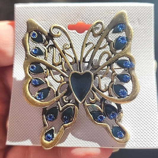 butterfly brooch scarf pin blue gold tone fashion costume jewelry
