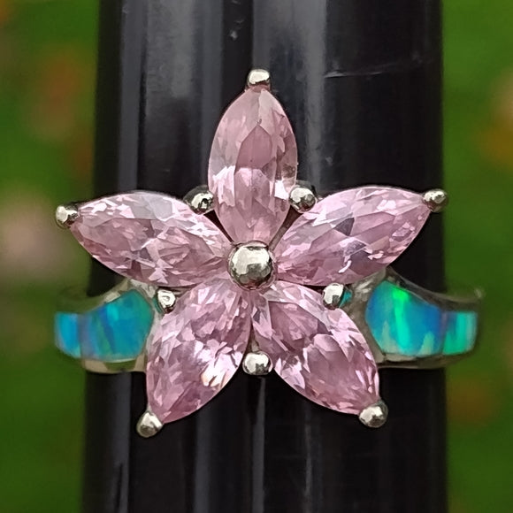 Sterling silver ring signed AK opal and pinkstones size 8