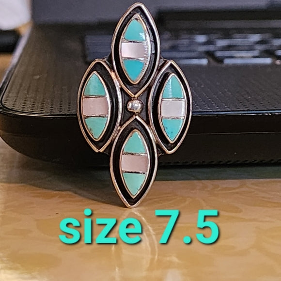 Sterling silver Native American Artist signed ring size 7.5 turquoise mo…