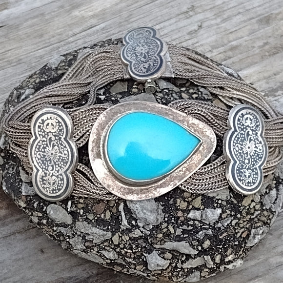 Antique sterling silver and turquoise bracelet 8"