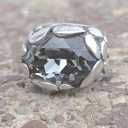 Retro modern chunky sterling silver ring with large Grey Stone size 7