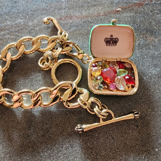 Juicy Couture gold tone charm bracelet green locket purse charm w rhines…