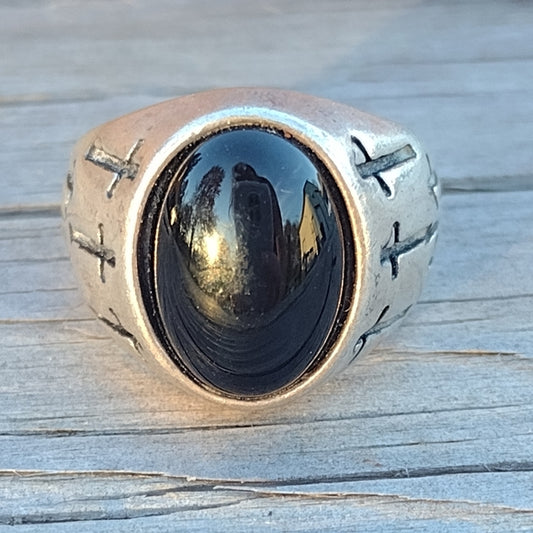 Vintage biker sterling silver ring with Black stone and crosses size 6 fine jewe