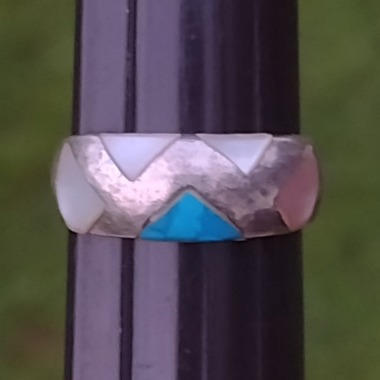 Sterling silver inlay ring mother of pearl and bluestone size 7 wedding band
