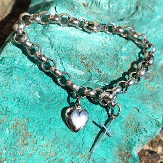 Sterling silver link bracelet with heart and cross charms Valentines day gift