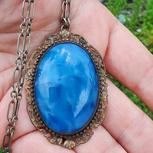 Antique art deco blue pendant and watch fob Art Deco jewelry