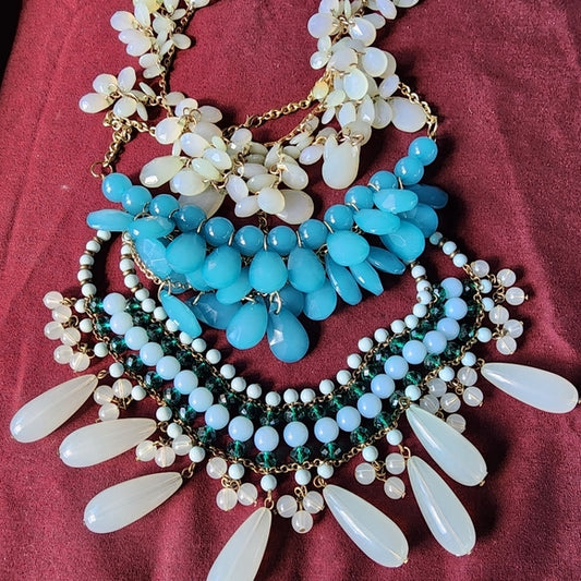 Bundle lot 3 bib tear drop dangle Necklaces blue green fashion costume jewelry