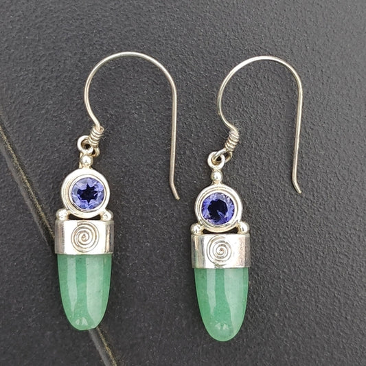 Sterling silver Sajen green jade cabachon amethyst drop dangle earrings jewelry