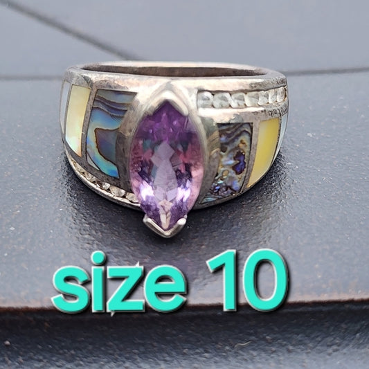 Witney Kelly Sterling Silver ring size 10 Mother of pearl abalone CZ Amethyst