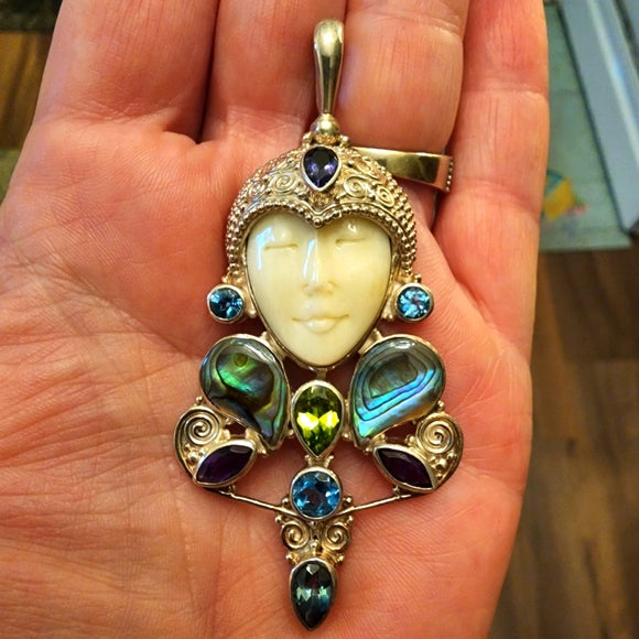 Sterling Silver Sajen Pendant w face Abalone Amethyst blue topaz fine jewelry