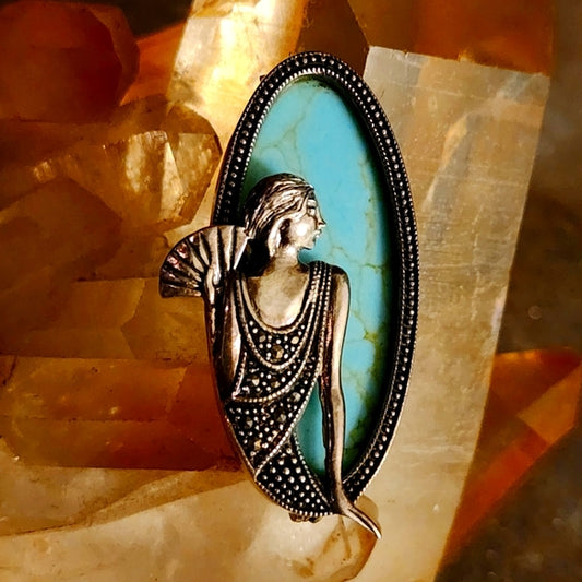 Sterling silver Art Nouveau lady style brooch scarf pin marcasite turquoise