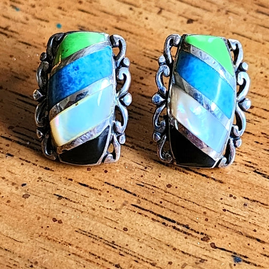 Sterling silver multi gemstone inlay post earrings southwestern jewelry
