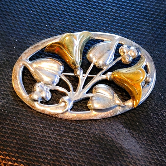 Sterling silver Gold accents vintage Mexico brooch scarf pin flowers