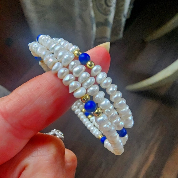 Freshwater Pearls and blue lapis layered look slip on bracelet Fine Jewelry