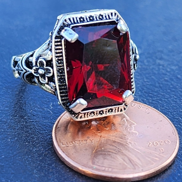 Sterling silver ornate ring with Red Ruby color stone size 5.5 Fine Jewelry